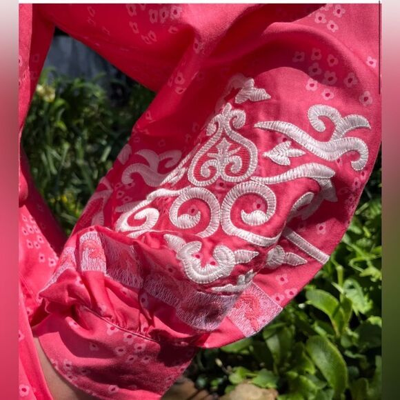 Pink Vaneza Cotton Satin Blouse with White Embroidery by Emily Lovelock - Picture 3 of 9